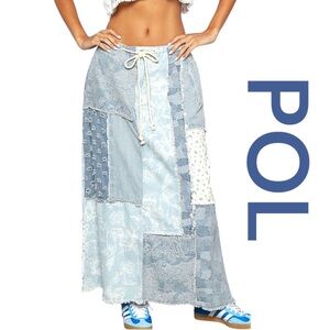 POL Patchwork Laser Cut Maxi Skirt in Denim Blues & White, Size M.